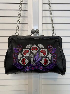 Anna Sui Kiss Lock Shoulder Black Purple Peacock Purse Y2K Peeling